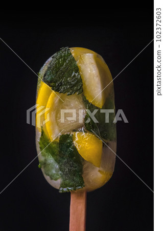 direct view of one appetizing portion of lemon ice with mint on a stick on a dark background 102372603