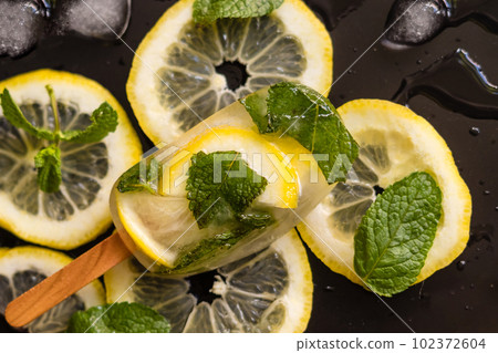 one mouth-watering portion of lemon ice with mint lies on slices of simon 102372604