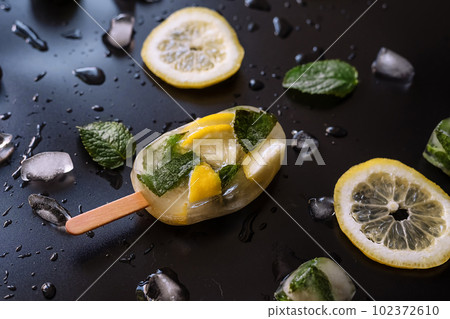 Citrus Bliss: Zesty Lemon Fruit Ice on Black Background Citrus Bliss: Zesty Lemon Fruit Ice on Black Background 102372610
