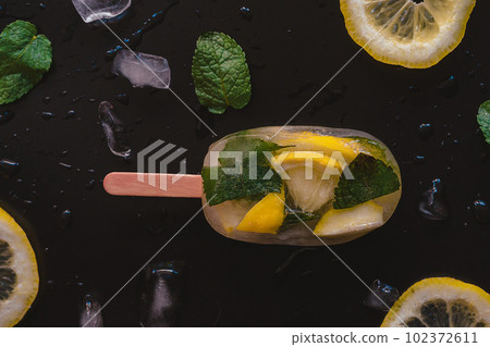 close-up of fruit ice on a stick on a dark background with lemon slices and mint close-up of fruit ice on a stick on a dark background with lemon slices and mint 102372611