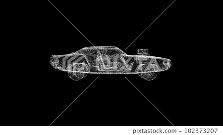 3D sports car on black bg. Object dissolved white flickering particles. Business advertising backdrop. Science concept. For title, text, presentation. 3D animation 3D sports car on black bg. Object dissolved white flickering particles. Business advertising backdrop. Science concept. For title, text, presentation. 3D animation 102373207