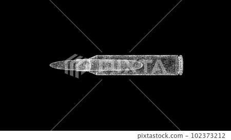 3D machine gun bullet on black bg. Object dissolved white flickering particles . Business advertising backdrop. Science concept. For title, text, presentation. 3D animation. 3D machine gun bullet on black bg. Object dissolved white flickering particles . Business advertising backdrop. Science concept. For title, text, presentation. 3D animation. 102373212
