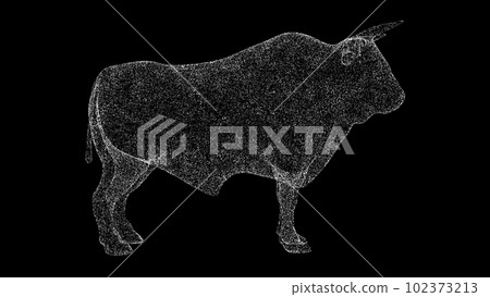 3D bull on black bg. Object dissolved white flickering particles. Business advertising backdrop. Science concept. For title, text, presentation. 3D animation 3D bull on black bg. Object dissolved white flickering particles. Business advertising backdrop. Science concept. For title, text, presentation. 3D animation 102373213