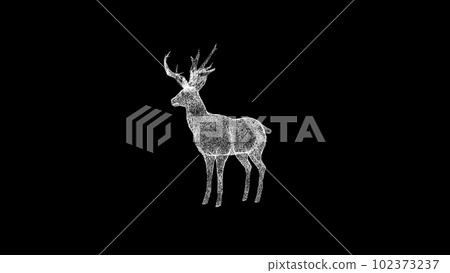 3D deer on black background. Object dissolved white flickering particles. Science concept. Abstract bg for title, presentation. Holographic screensaver. 3D animation 3D deer on black background. Object dissolved white flickering particles. Science concept. Abstract bg for title, presentation. Holographic screensaver. 3D animation 102373237
