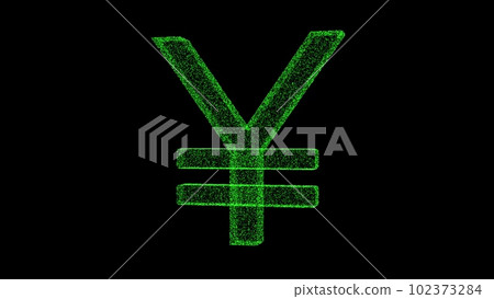 3D sign Yen consisting of green particles and dots rotates on its axis on black backdrop 60 FPS. Science and business concept. Abstract bg for logo, title, concept, presentation. 3D animation. 3D sign Yen consisting of green particles and dots rotates on its axis on black backdrop 60 FPS. Science and business concept. Abstract bg for logo, title, concept, presentation. 3D animation. 102373284
