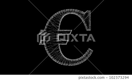 3D sign Euro consisting of white lines and dots rotates 3 axes 60 FPS black backdrop. Science and business concept. Abstract bg for logo, title, concept, presentation. 3D animation. 102373294