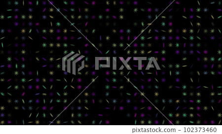 Colored flashing rotating Snowflakes on black bg. Abstract festive background for advertising, congratulations, text. Colorful creative flat dynamic shapes animation. Business bg. 3D render 102373460