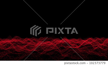 3D Abstract background with waving dotted surface, moving and flickering red particles, lines and stripes. Animation of seamless loop. Etheric field. 3D animation. 102373779