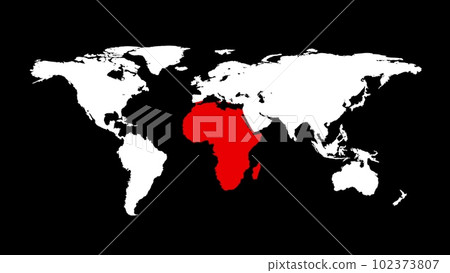 World map with red Africa. Whole world map on black background. Infographic design. Business or travel concept. Virus infection. 3D animation World map with red Africa. Whole world map on black background. Infographic design. Business or travel concept. Virus infection. 3D animation 102373807
