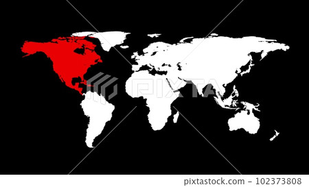 World map with red North America. Whole world map on black background. Infographic design. Business or travel concept. Virus infection. 3D animation 102373808