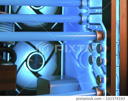 View from inside a fragment of a water cooling system in a high-performance modern computer with a beautiful blue LED backlight. Soft focus. View from inside a fragment of a water cooling system in a high-performance modern computer with a beautiful blue LED backlight. Soft focus. 102374193