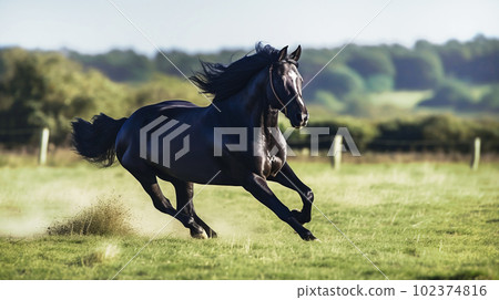 black horse running in meadow black horse running in meadow 102374816