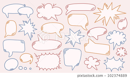 Set of speech bubbles. Outline text bubbles, comic speech bubble different forms with text places. Flat vector illustration. Set of speech bubbles. Outline text bubbles, comic speech bubble different forms with text places. Flat vector illustration. 102374889