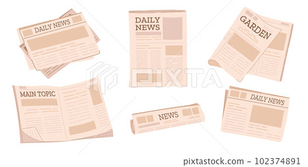 Set of newspapers isolated on white background. Modern news publications. Newspapers folded in half, open newspaper. Set of newspapers isolated on white background. Modern news publications. Newspapers folded in half, open newspaper. 102374891