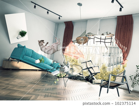 Illustration of a destroyed room with scattered debris and a startled flying cat 102375114