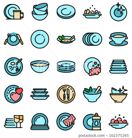 Plate icons set. Outline set of plate vector icons thin line color flat on white Plate icons set. Outline set of plate vector icons thin line color flat on white 102375265