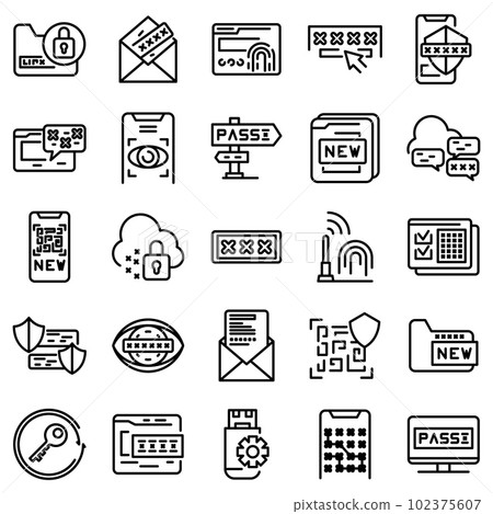 Password recovery icons set. Outline set of password recovery vector icons for web design isolated on white background 102375607