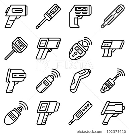 Digital thermometer icons set. Outline set of digital thermometer vector icons for web design isolated on white background Digital thermometer icons set. Outline set of digital thermometer vector icons for web design isolated on white background 102375610