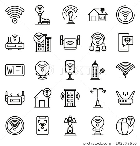 Wifi zone icons set. Outline set of wifi zone vector icons for web design isolated on white background Wifi zone icons set. Outline set of wifi zone vector icons for web design isolated on white background 102375616