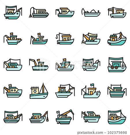 Fishing boat icons set. Outline set of fishing boat vector icons thin line color flat on white Fishing boat icons set. Outline set of fishing boat vector icons thin line color flat on white 102375698