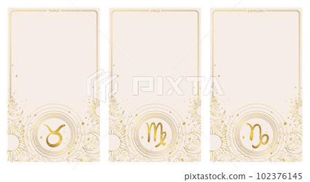 Taurus, virgo, capricorn, earth element astrological zodiac signs for stories, set of vintage cards with place for text, boho design in natural colors with gold horoscope symbols. Modern aesthetic Taurus, virgo, capricorn, earth element astrological zodiac signs for stories, set of vintage cards with place for text, boho design in natural colors with gold horoscope symbols. Modern aesthetic 102376145