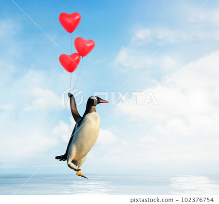 Penguin flying with red heart shaped balloons over water 102376754