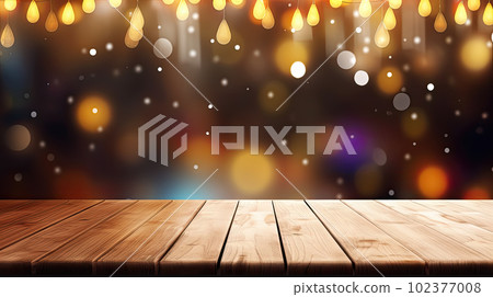 Empty wooden table top on blurred abstract bright bokeh background. Empty wooden table top on blurred abstract bright bokeh background. 102377008