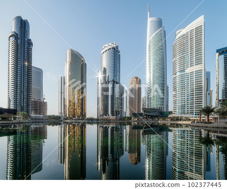 Panoramic view of Jumeirah Lakes Towers in Dubai, UAE Panoramic view of Jumeirah Lakes Towers in Dubai, UAE 102377445