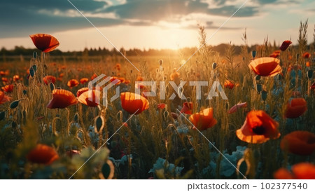 A beautiful field of red poppies in the sunset light. Beautiful blooming red poppies 102377540