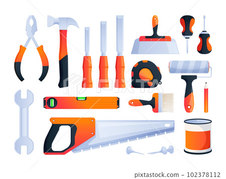 Repair tools. Construction building engineering equipment, pliers wrench saw spatula spanner hammer screwdriver. Vector isolated set 102378112