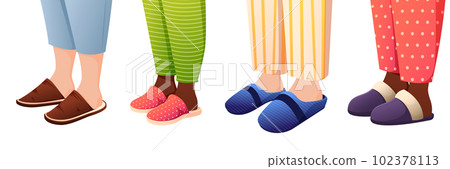 Legs in slippers. Cartoon feet in different kinds of slippers, home footwear fashion accessories for kids, home textile shoes design. Vector set 102378113
