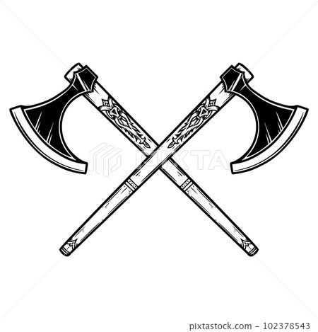 Illustration of two crossed viking axe in engraving style. Design element for logo, emblem, sign, poster, card, banner. Vector illustration 102378543