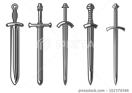 Set of illustrations of ancient swords in engraving style. Design element for logo, label, sign, poster, t shirt. Vector illustration 102378566