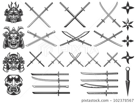 Set of illustrations of weapon of samurai and ninja. Design element for logo, label, sign, poster, t shirt. Vector illustration Set of illustrations of weapon of samurai and ninja. Design element for logo, label, sign, poster, t shirt. Vector illustration 102378567