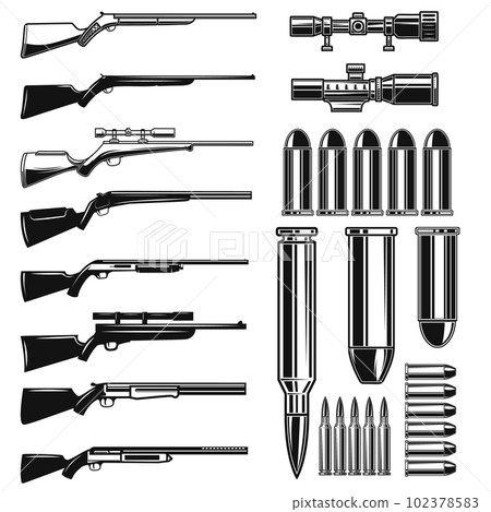 Set of vintage style weapon isolated on white background. Design elements for logo, label, emblem, sign. Vector illustration Set of vintage style weapon isolated on white background. Design elements for logo, label, emblem, sign. Vector illustration 102378583