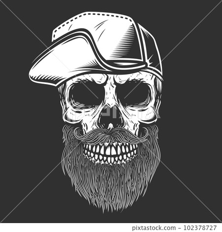 Illustration of bearded skull in baseball cap in engraving style. Design element for logo, emblem, sign, poster, card, banner. Vector illustration 102378727