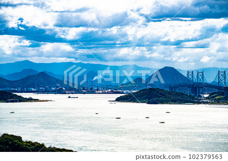 Yoshishima, Bisan Seto Ohashi Bridge and Bannoshu industrial area seen from Mt. Washu in Kurashiki City, Okayama Prefecture Yoshishima, Bisan Seto Ohashi Bridge and Bannoshu industrial area seen from Mt. Washu in Kurashiki City, Okayama Prefecture 102379563