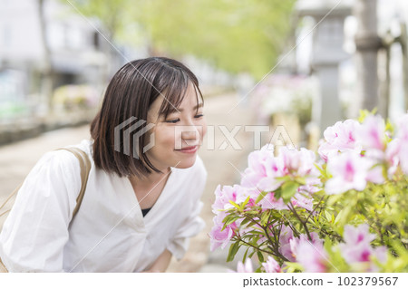 woman looking at flowers woman looking at flowers 102379567