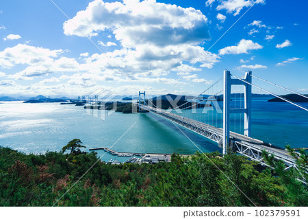 12 Great Seto Bridge in clear autumn seen from Mt. Washu, Kurashiki City, Okayama Prefecture 102379591