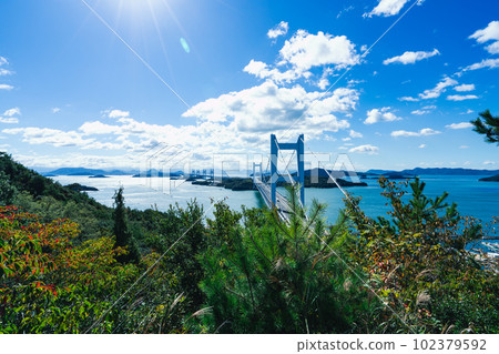 13 Great Seto Bridge in clear autumn seen from Mt. Washu, Kurashiki City, Okayama Prefecture 102379592