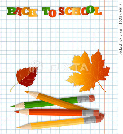 Colored pencils with an eraser, school supplies, stationery, a checkered notebook. The concept of schooling, back to school, first time to school. autumn, autumn leaves 102380409