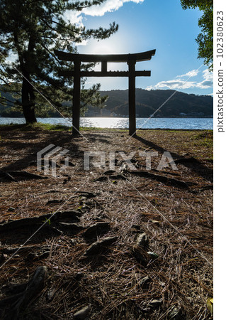 The first torii gate of Amanohashidate Shrine in Tango Amanohashidate Oeyama Quasi-National Park in Miyazu City, Kyoto Prefecture, Japan The first torii gate of Amanohashidate Shrine in Tango Amanohashidate Oeyama Quasi-National Park in Miyazu City, Kyoto Prefecture, Japan 102380623