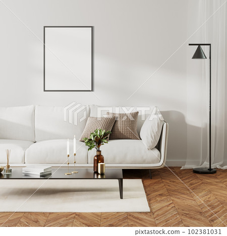 poster frame mock up in home living room  interior with white sofa and coffee table with decor, 3d render 102381031