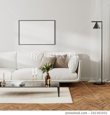 Picture frame mock up in home living room  interior with white sofa and coffee table with decor, 3d render 102381032