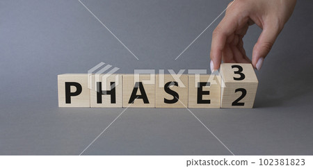 From Phase 2 to 3 symbol. Businessman Hand turns cubes and changes words Phase 2 to Phase 3. Beautiful grey background. Business and Phase concept. Copy space From Phase 2 to 3 symbol. Businessman Hand turns cubes and changes words Phase 2 to Phase 3. Beautiful grey background. Business and Phase concept. Copy space 102381823