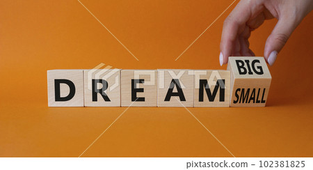 Dream Big vs Small symbol. Businessman Hand turns cubes and changes words Dream Small to Dream Big. Beautiful orange background. Business and Dream concept. Copy space 102381825