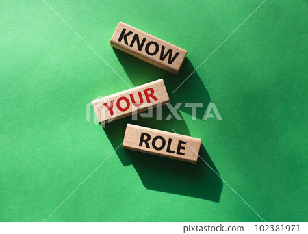 Know your role symbol. Wooden blocks with words Know your role. Beautiful green background. Business and Know your role concept. Copy space. 102381971