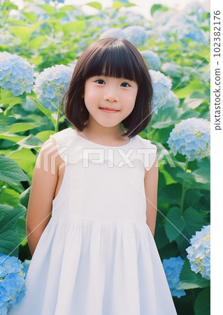 girl hydrangea june image rainy season sunny day 102382176