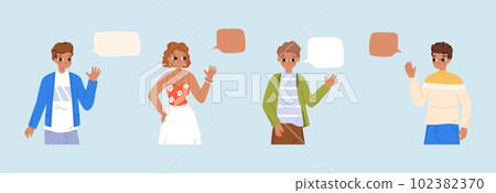 Teenagers and young adults with speech bubbles. Cute cartoon people communication and greet each other. Funny students vector characters 102382370