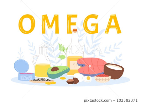 Omega food ingredients. Vitamins concept, raw salmon, avocado and oil in bottle. Coconut, seeds and greens. Isolated fresh healthy vector elements 102382371
